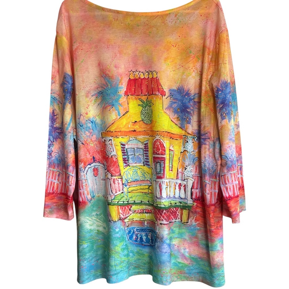 Leoma Lovegrove XX-Large Colorful Beach House Art Top 3/4 Sleeve - Picture 2 of 9
